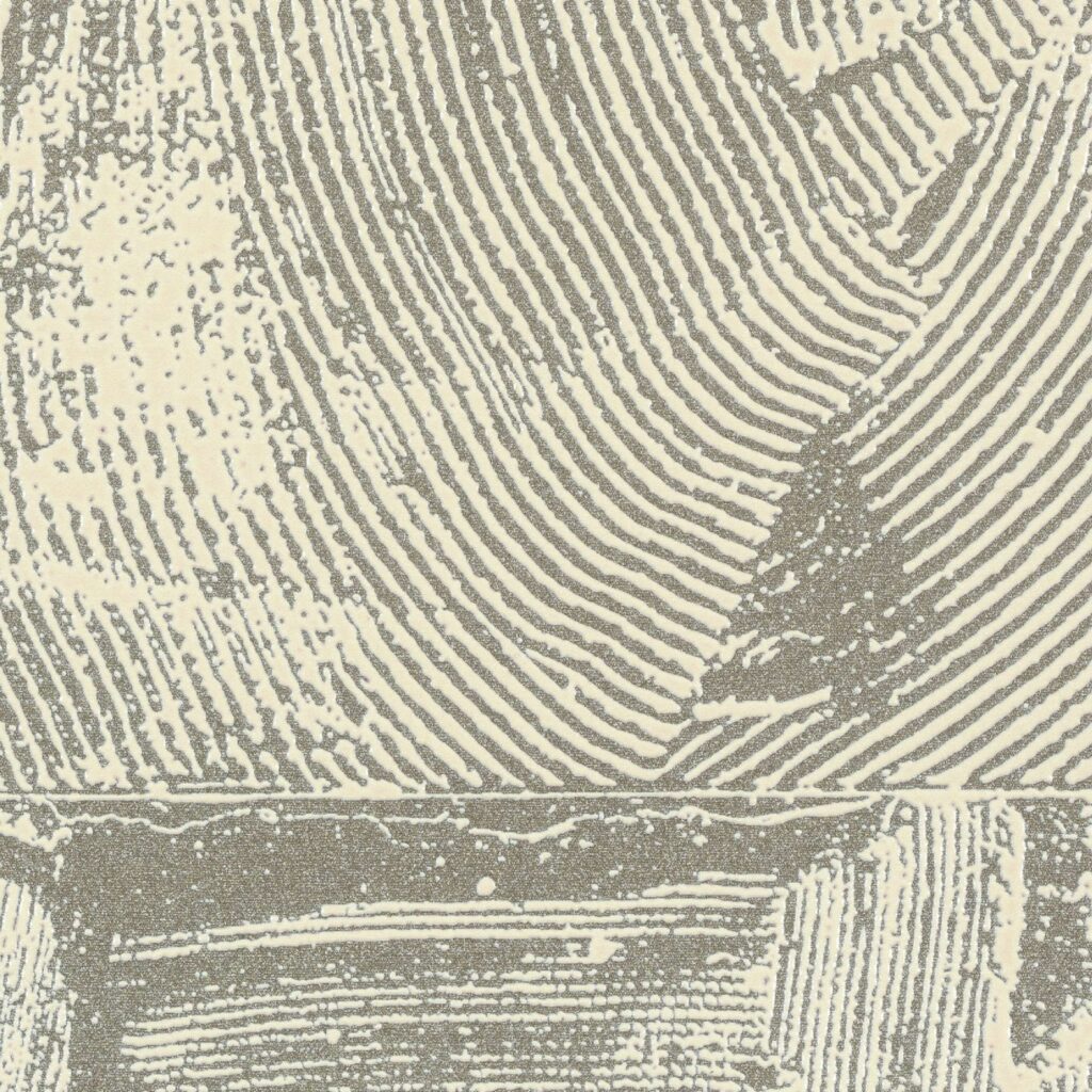 Abstract patroon van Elitis-behang Mouvements Impulsion RM 1022 91 met reliëfstructuur in beige en grijstinten.
