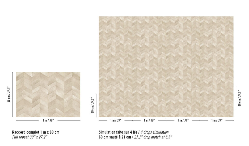 Beige Elitis-behang met visgraatpatroon uit de Sauvages Santa Fe collectie, getoond in volledige herhaling en als simulatie over vier banen.