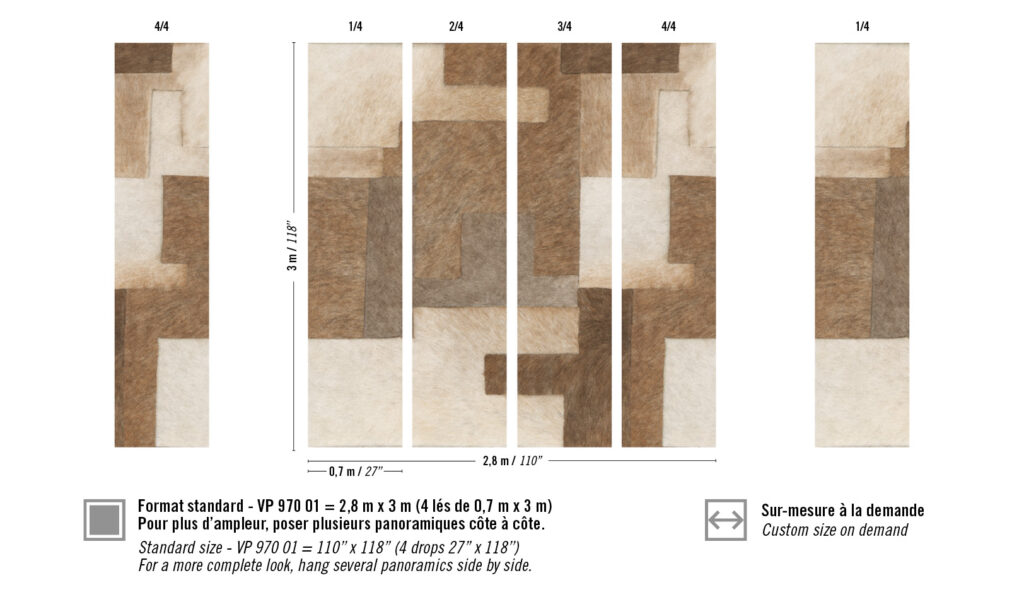 Afbeelding van Elitis behang "Sauvages L'Habit de Venus" VP 970 01 met een geometrisch patroon in beige, bruin en crème tinten, weergegeven in vier verticale panelen van 2,8 m x 3 m.