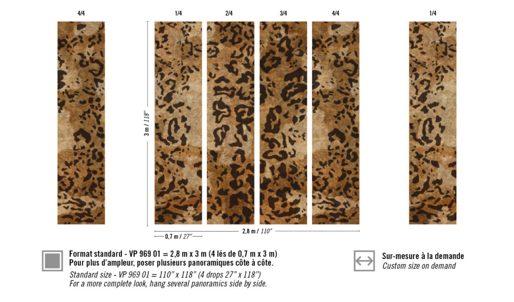 Panoramisch Elitis Sauvages Leopard behang met luipaardprint in bruine en zwarte tinten, verdeeld in vier stroken van elk 0,7 meter breed en 3 meter hoog.