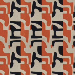 Abstract patroon van de Elitis Cancun stof LZ 893 34 met organische vormen in zwart, oranje en beige.