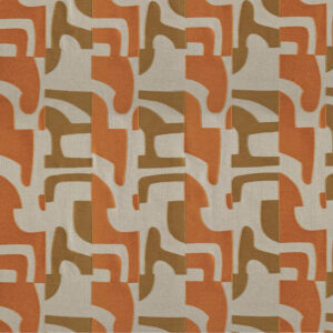 Abstract patroon op Elitis Cancun-stof LZ 893 39 in oranje, bruin en beige tinten.