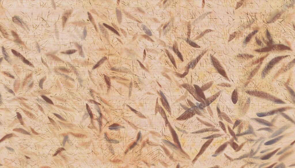Beige wandbekleding met een subtiel patroon van abstracte dansende bladeren in bruine en grijze tinten.