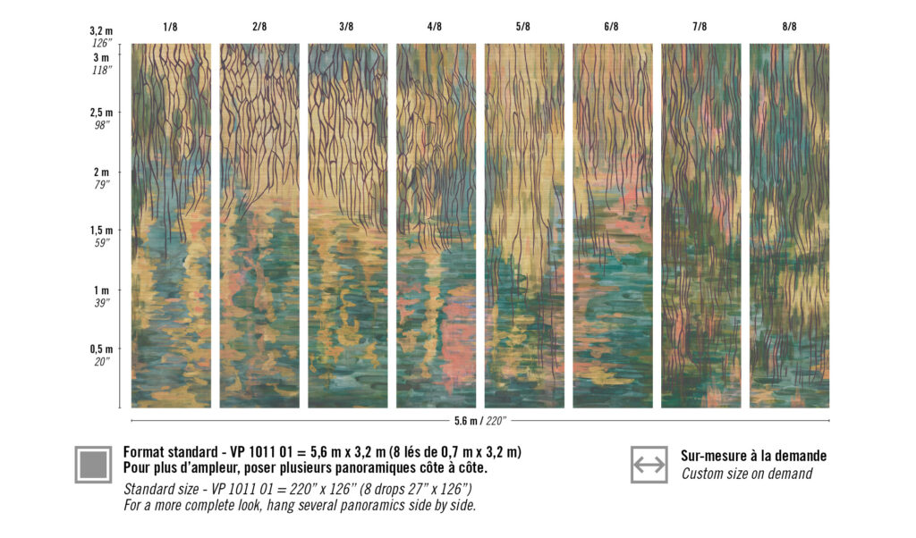 Abstract patroon van het Elitis Ceres Brocéliande VP 1011 01 behang met kleurrijke verticale lijnen boven een reflecterend wateroppervlak.