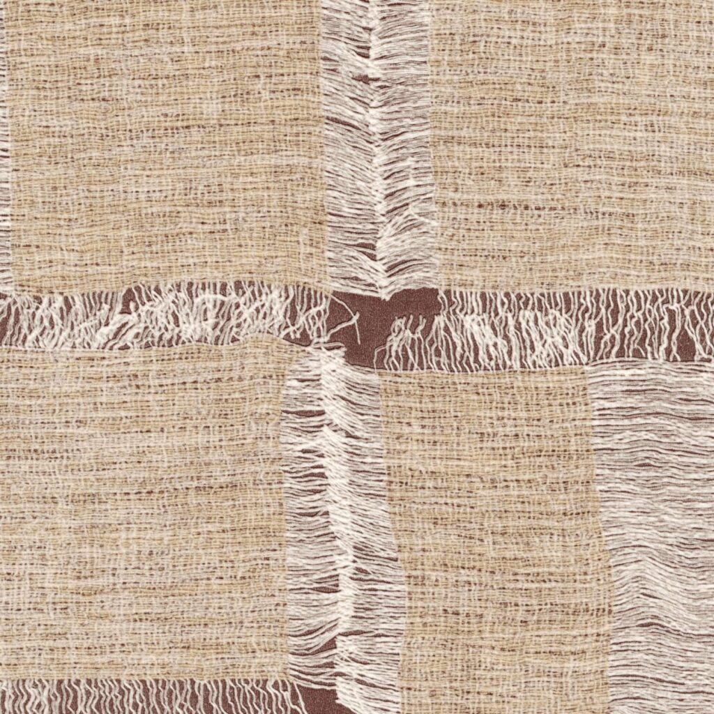 Beige structuurstof met franjes en kruisvormig patroon uit de Elitis Cérès Cybèle VP 1009-14 collectie.