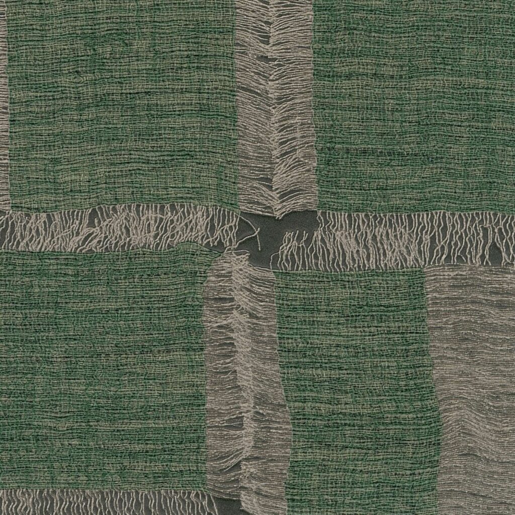 Textielpatroon van Elitis Ceres Cybele VP 1009-67 met groengrijze geweven vlakken en franjes.