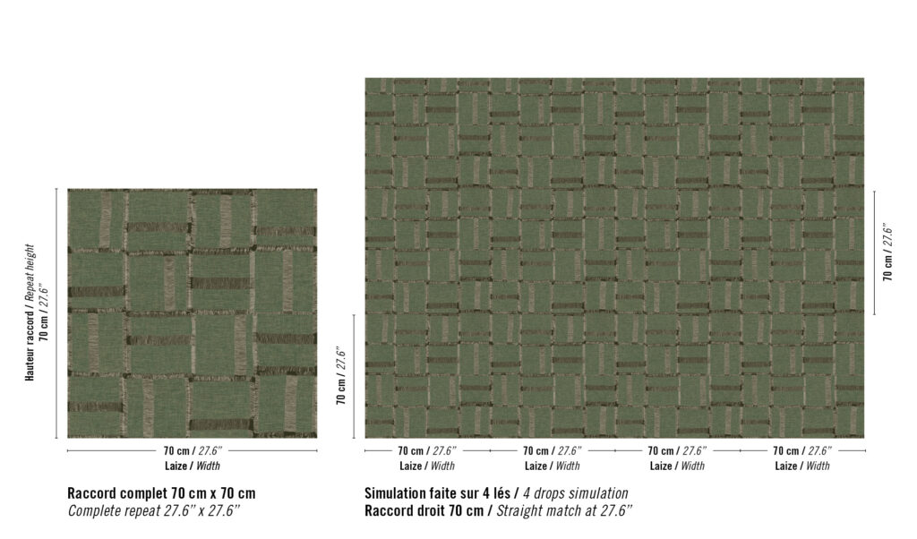 Groen geweven patroon van Elitis Ceres Cybèle VP 1009 met herhaling van 70 x 70 cm, getoond in enkel en viervoud.