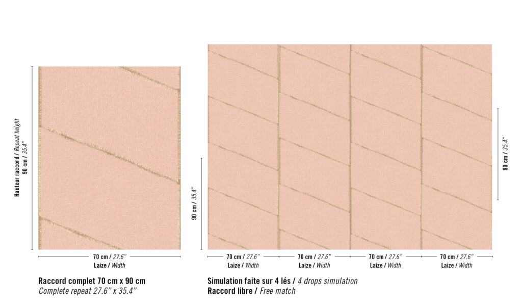 Afbeelding van het Elitis Ceres Hera VP 1010-50 behangpatroon met diagonale strepen in herhaling over panelen van 70 x 90 cm.