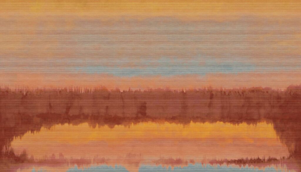Abstracte wandbekleding Elitis Ceres Proserpine VP 1012 01 met horizontale strepen in warme aardetinten en blauwgrijs.