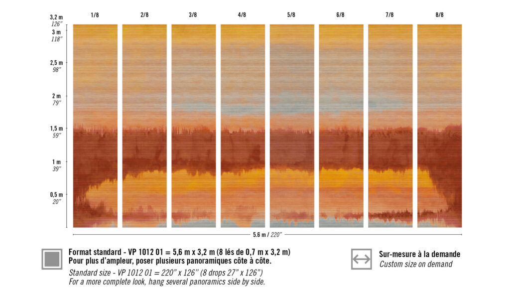 Abstract gekleurd wandpatroon Elitis Ceres Proserpine VP 1012 01 in warme tinten, verdeeld over acht verticale panelen.