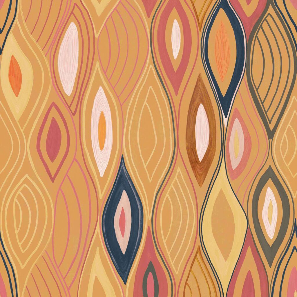 Abstract patroon met organische, bladachtige vormen in warme tinten uit de Elitis Cordes Sensibles x Véronique de Soultrait Arabesque collectie.