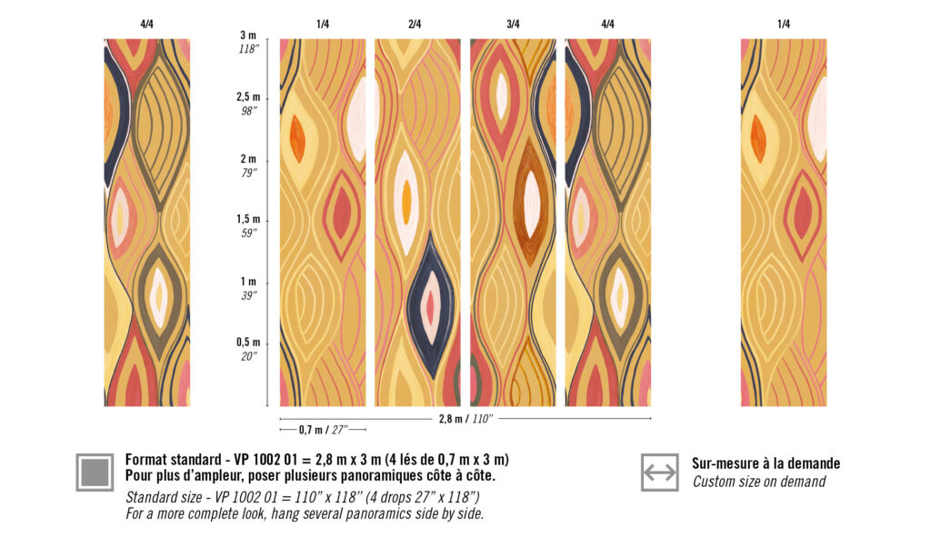 Abstract patroon uit de Elitis Cordes Sensibles collectie met kleurrijke, gestileerde arabeske vormen op een okergele achtergrond.