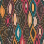 Abstract patroon van kleurrijke, druppelvormige lijnen en vlakken op een donkere achtergrond uit de Elitis Cordes Sensibles collectie.