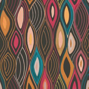 Abstract patroon van kleurrijke, druppelvormige lijnen en vlakken op een donkere achtergrond uit de Elitis Cordes Sensibles collectie.