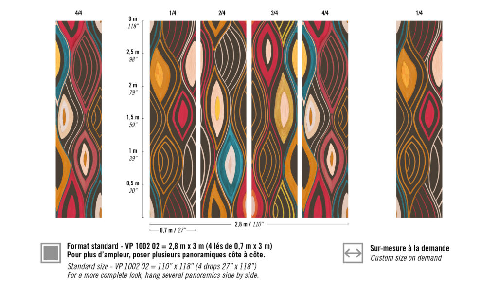Decoratief behangpatroon uit de Elitis Cordes Sensibles Arabesque VP 1002 02 collectie met kleurrijke, abstracte vormen in verticale banen.