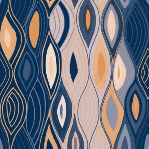 Abstract patroon van organische, druppelvormige lijnen in blauw-, beige- en goudtinten uit de Elitis Cordes Sensibles x Véronique de Soultrait Arabesque collectie.