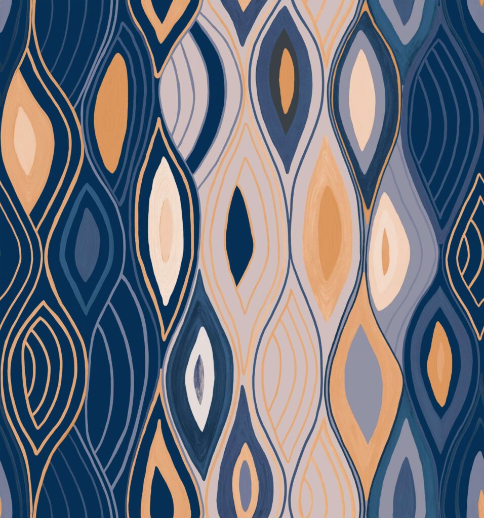Abstract patroon van organische, druppelvormige lijnen in blauw-, beige- en goudtinten uit de Elitis Cordes Sensibles x Véronique de Soultrait Arabesque collectie.
