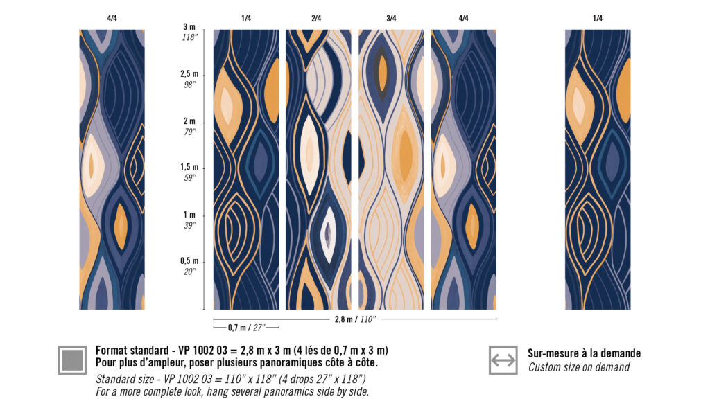 Abstract patroon uit de Elitis Cordes Sensibles-collectie met golvende, organische vormen in blauw-, goud- en crèmetinten, getiteld Arabesque VP 1002 03.
