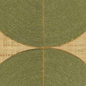 Groen textielpatroon met halfronde vormen en geweven beige achtergrond uit de Elitis Cordes Sensibles collectie van Véronique de Soultrait.