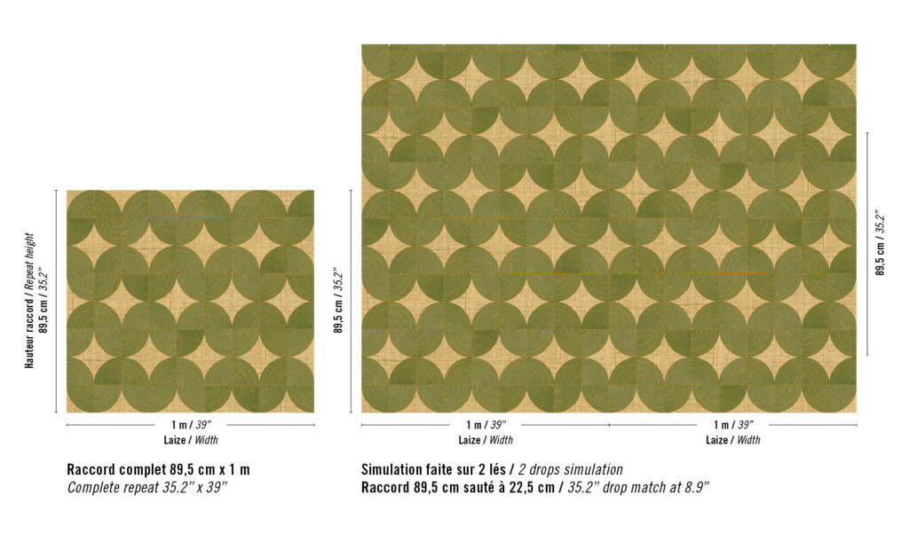 Geometrisch patroon uit de Elitis Cordes Sensibles x Véronique de Soultrait collectie met groene halve cirkels op een beige achtergrond, weergegeven in herhalings- en simulatieformaat.