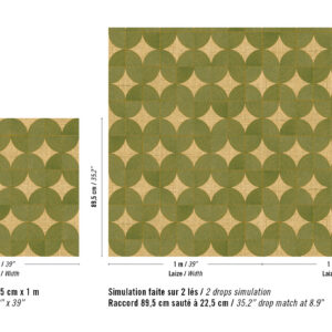 Geometrisch patroon uit de Elitis Cordes Sensibles x Véronique de Soultrait collectie met groene halve cirkels op een beige achtergrond, weergegeven in herhalings- en simulatieformaat.