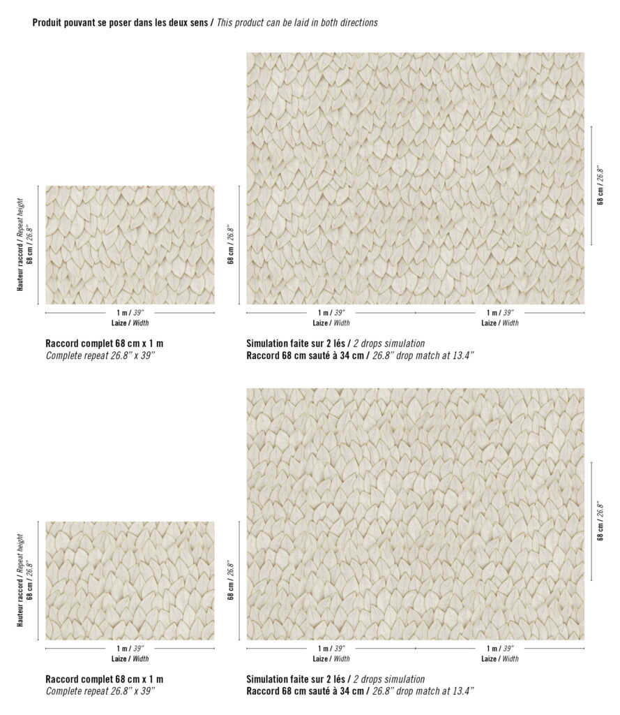 Beige wandbekleding met een patroon van overlappende koordstructuren uit de Elitis Cordes Sensibles-collectie, ontworpen door Véronique de Soultrait.
