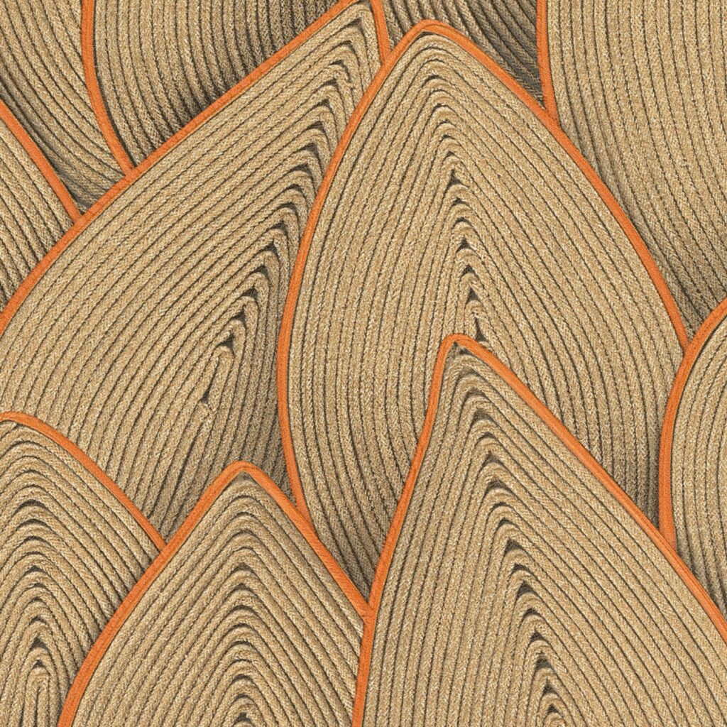 Detail van het Elitis Cordes Sensibles behangontwerp "Jonchée VP 993 11" met bladachtige vormen van gevlochten touw en oranje accenten.