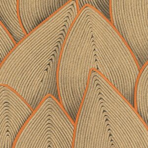 Detail van het Elitis Cordes Sensibles behangontwerp "Jonchée VP 993 11" met bladachtige vormen van gevlochten touw en oranje accenten.