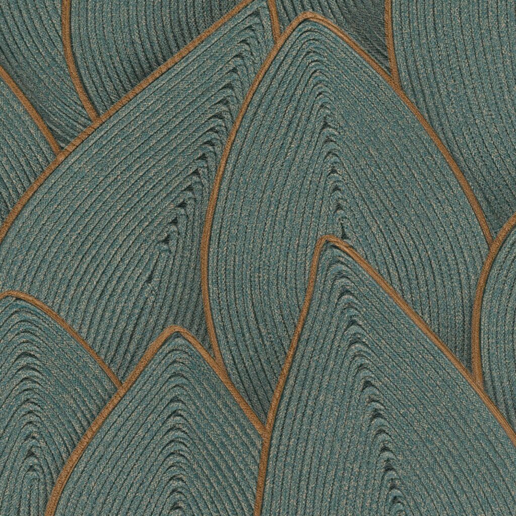 Textuur van handgeweven, bladvormige patronen in blauw en bruin uit de Elitis Cordes Sensibles x Véronique de Soultrait collectie.