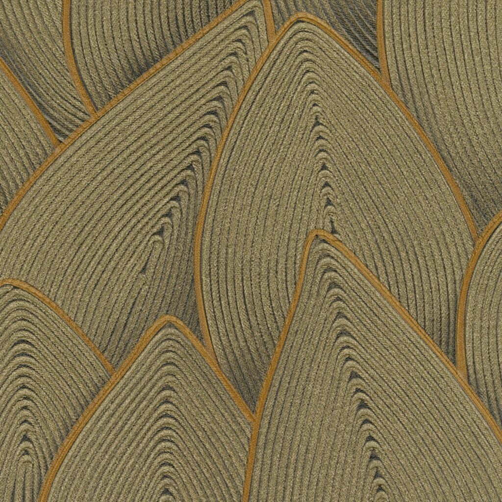 Textuurdetail van het Elitis Cordes Sensibles Jonchée VP 993-60 behang, met organische bladachtige vormen van gevlochten touw in aardetinten.