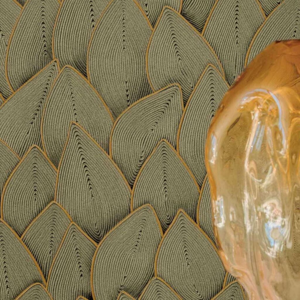 Detail van het textielontwerp 'Jonchée VP 993 60' uit de Elitis Cordes Sensibles collectie van Véronique de Soultrait, met een bladachtig reliëfpatroon en een transparant amberkleurig object op de voorgrond.