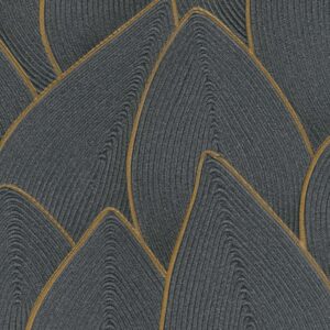 Donkergrijze wandbekleding met bladachtige patronen van koordstructuur en goudkleurige accenten uit de Elitis Cordes Sensibles-collectie.