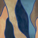 Abstract patroon uit de Elitis Cordes Sensibles-collectie met golvende vormen in blauw, beige, bruin en terracotta, ontworpen door Véronique de Soultrait.