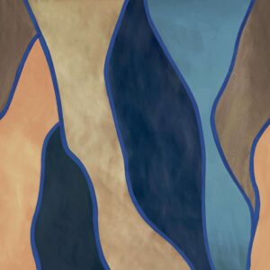 Abstract patroon uit de Elitis Cordes Sensibles-collectie met golvende vormen in blauw, beige, bruin en terracotta, ontworpen door Véronique de Soultrait.