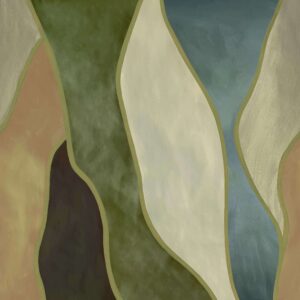 Abstract wandpaneel uit de Elitis Cordes Sensibles-collectie met organische vormen in aardetinten en blauw, ontworpen door Véronique de Soultrait.