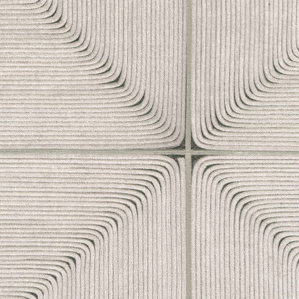Detail van het textielontwerp "Sillage VP 997 01" uit de Elitis Cordes Sensibles collectie van Véronique de Soultrait, met geometrisch patroon van op elkaar gelegde koorden.