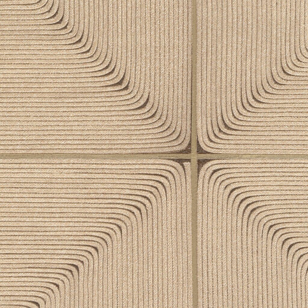 Beige wandbekleding van gevlochten koord in een grafisch patroon uit de Elitis Cordes Sensibles collectie, ontworpen door Véronique de Soultrait.