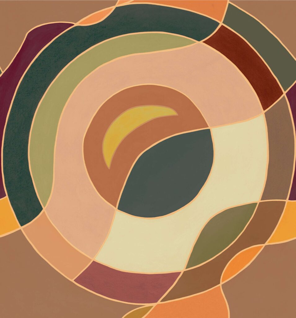 Abstracte wanddecoratie uit de Elitis Cordes Sensibles collectie met organische vormen in aardetinten, ontworpen door Véronique de Soultrait.