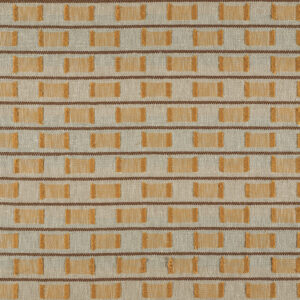 Textielpatroon Elitis Escondido Laredo met horizontale rijen van goudgele rechthoeken op een beige achtergrond.
