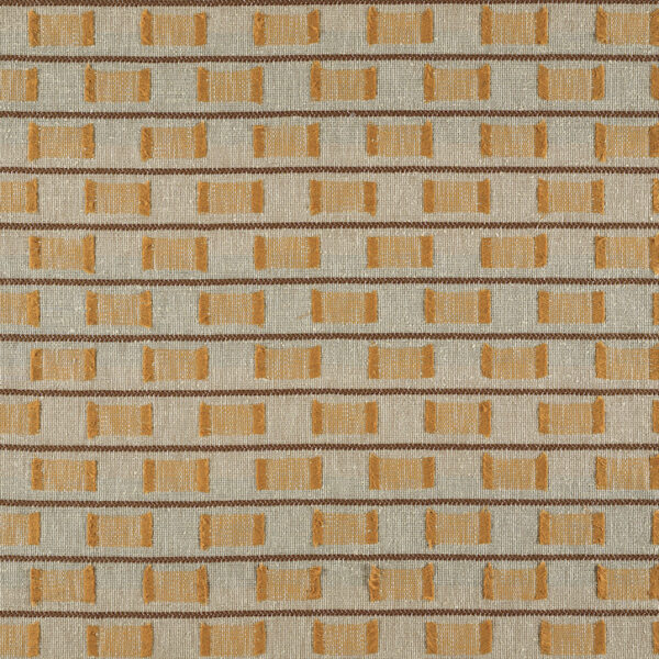 Textielpatroon Elitis Escondido Laredo met horizontale rijen van goudgele rechthoeken op een beige achtergrond.