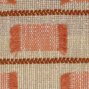 Detail van de Elitis Escondido Laredo LR 360-35 stof met een geweven patroon van beige rasterstructuur en rechthoeken in terracottakleur met franjes.