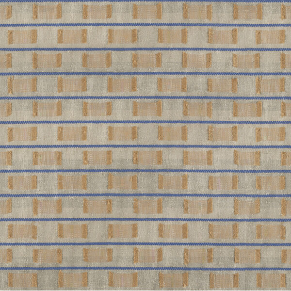 Textielpatroon Elitis Escondido Laredo met horizontale blauwe lijnen en rechthoekige beige en okergele vormen.