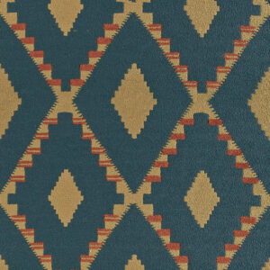 Geometrisch Elitis Escondido Paloha LR 362 67 patroon met ruitvormen in goud, rood en groenblauw.