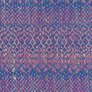 Gedetailleerd geweven Elitis Excentric Andy-stof in blauw, roze en beige met een decoratief patroon.