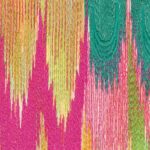 Detailopname van de Elitis Excentric Groovy-stof LZ 895 54 met een kleurrijk patroon in roze, geel, groen en turquoise.