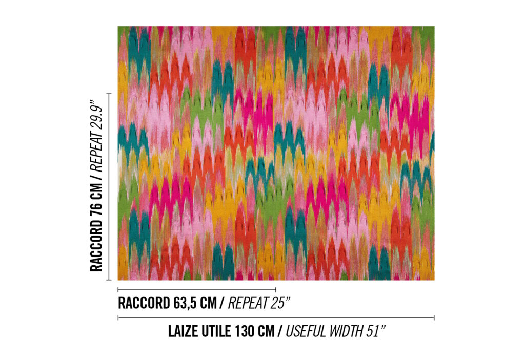 Kleurrijk en excentriek zigzagpatroon van de Elitis Excentric Groovy stof LZ 895 54 met afwisselende tinten roze, oranje, groen, geel en blauw.