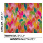 Kleurrijk en excentriek zigzagpatroon van de Elitis Excentric Groovy stof LZ 895 54 met afwisselende tinten roze, oranje, groen, geel en blauw.