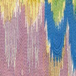 Detailopname van de Elitis Excentric Groovy stof LZ 895 57 met een abstract patroon in paars, geel, blauw en groen.
