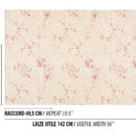 Stofpatroon Elitis Excentric Jacky met een beige achtergrond en onregelmatige roze vlekken, herhalend in een raster van 64 cm bij 49,5 cm.