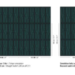 Twee simulaties en een complete herhaling van het Elitis Forms Twisted Suedine RM 1052 67 patroon in donkergroene tinten met afmetingen.